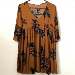 JJ’s Fairyland Floral Rust Brown Babydoll Tunic Top Dress M Flowy Boho Hippie
